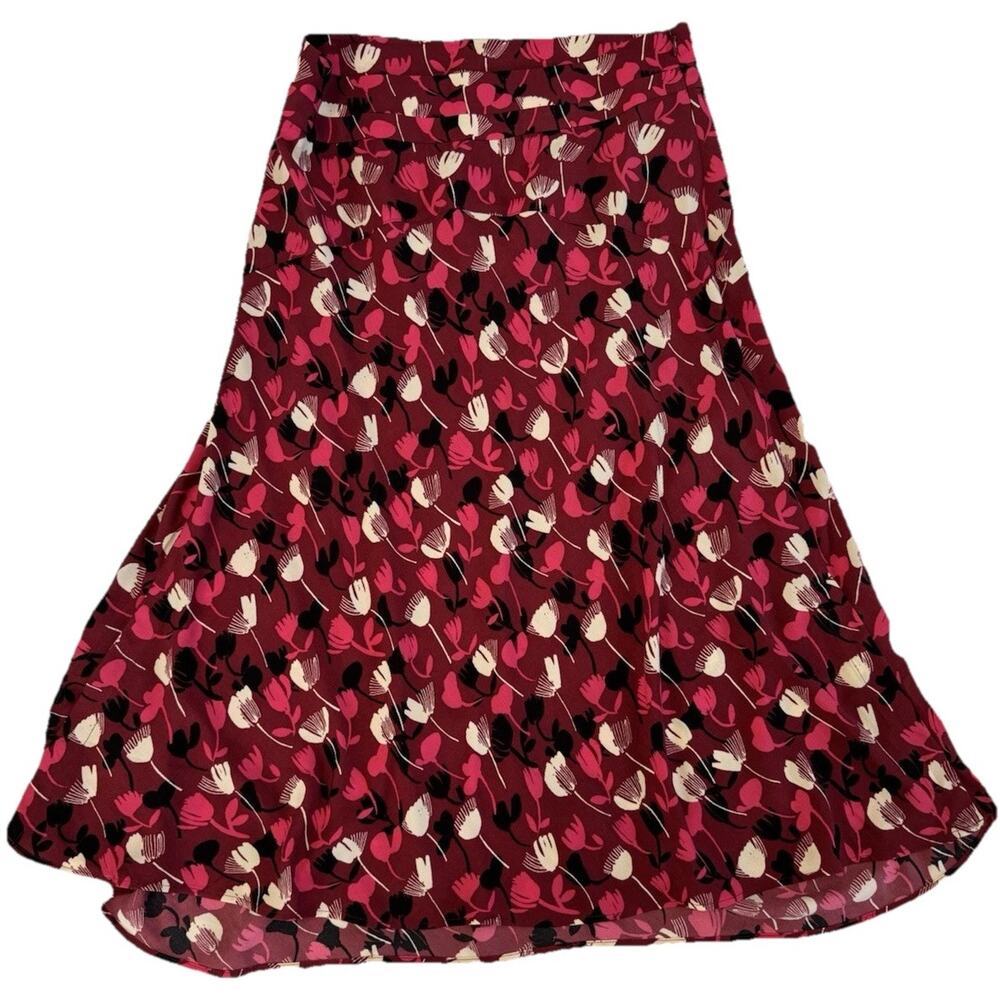 CAbi Floral Knit A-Line Long Skirt Red Pink Black White Pull On 8